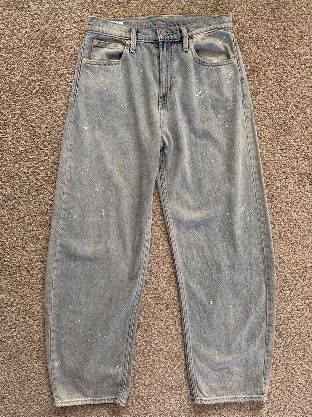 GAP High Rise UltraSoft Barrel Jeans Light Blue Paint-Splatter